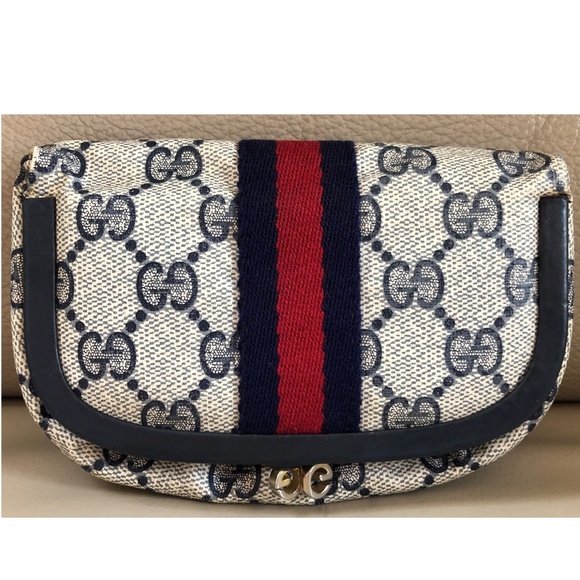Rare Authentic Vintage Gucci Web Monogram Cosmetic Make Up Bag with Mirror